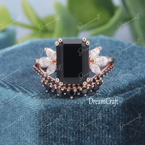 Black Onyx Engagement Ring 4ct Emerald Cut 14K Rose Gold Engagement Ring Cluster Ring Moissanite Bridal Ring Promise Ring Anniversary Gift image 4