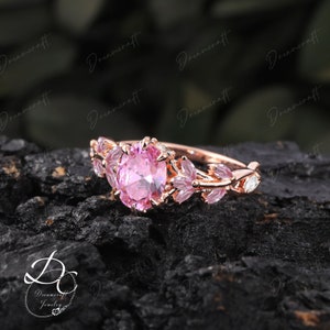 Vintage Oval Cut Rosa Saphir Verlobungsring Sets Natur Inspiriert Cluster Versprechen Ring Rosegold Art Deco Blatt Rosa Edelstein Zweig Ring 1pcs engagement ring