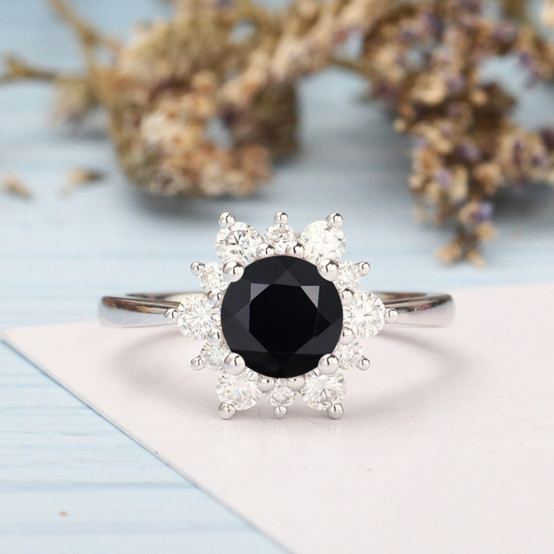 Black Onyx Engagement Ring Solid 14K Gold Unique Halo Etsy