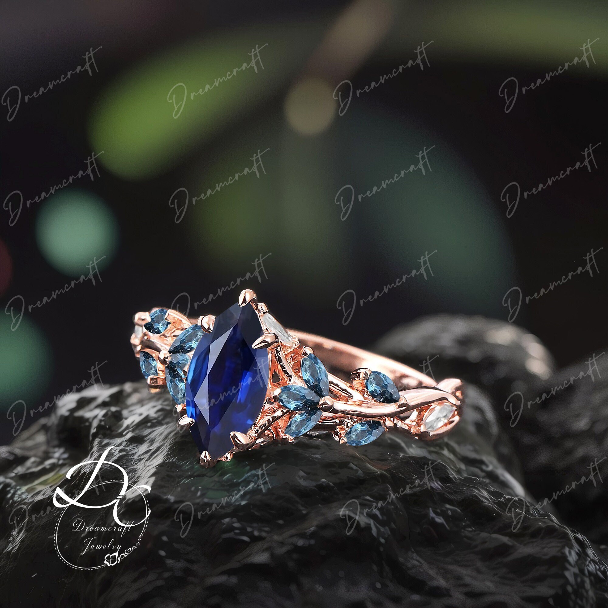 Vintage Marquise Cut Blue Sapphire Engagement Ring Nature Inspired Cluster Promise Ring Rose Gold Art Deco Leaf Gemstone Branch Ring Gifts