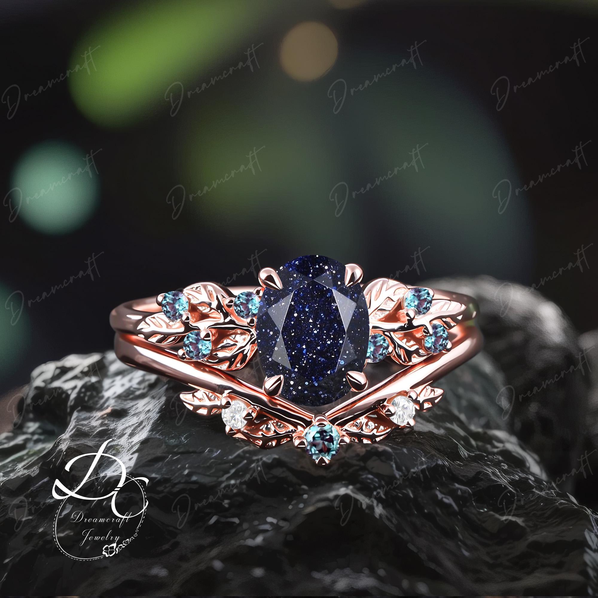 アクセサリー Bozhirings NAUTILUS RING / ROSE BLUE Art Deco Leaf Rose Gold Blue Sandstone Engagement Ring Sets Nature