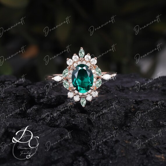 Vintage Emerald Engagement Ring Oval Rose Gold Ring Halo Engagement Ring Unique May Birthstone Promise Ring Bridal Ring Anniversary Gifts