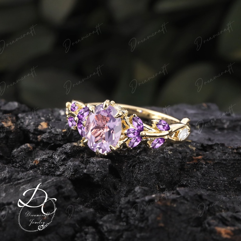 Vintage Oval Lavender Amethyst Engagement Ring Unique Cluster Promise Ring For Her Gold Art Deco Leaf Gemstone Branch Nature Inspired Ring Lavender Amethyst