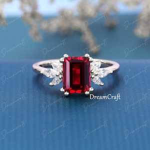 Lab Red Ruby Engagement Ring 4ct Emerald Cut Vintage Rose Gold Engagement Cluster Ring Moissanite Bridal Ring Promise Ring Anniversary image 10