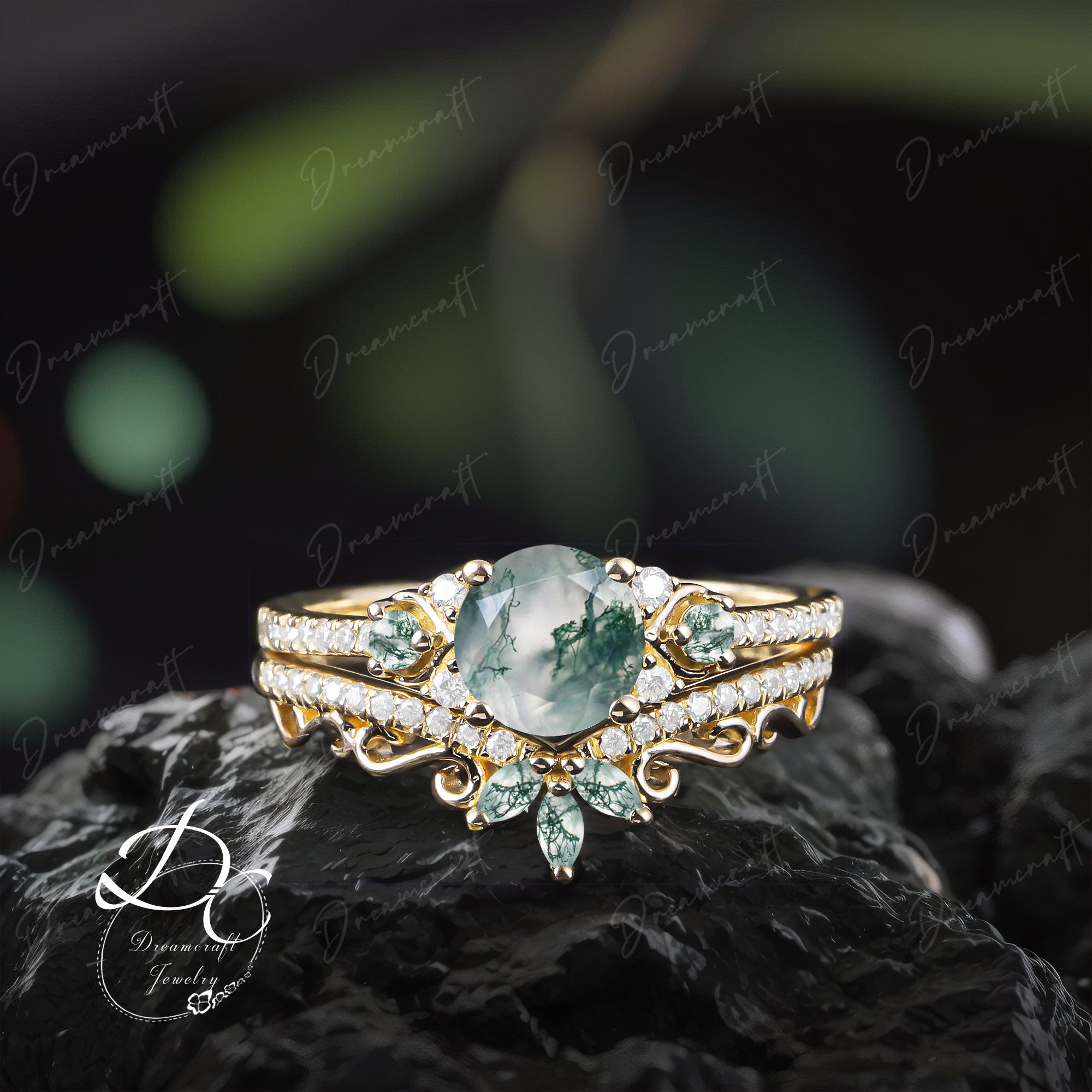 Moss Agate Engagement Ring Cluster Promise Ring Art Deco Ring Rose