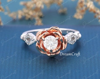 Moissanite Engagement Ring Rose Gold Engagement Ring Unique Design Rose Flower Solid 14k Diamond Ring Bridal Ring Promise Ring For Her