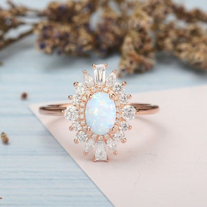 Opal Engagement Ring Oval Vintage Halo Engagement Ring Rose Gold 14K Diamond / Moissanite Unique Bridal Wedding Ring Anniversary gift
