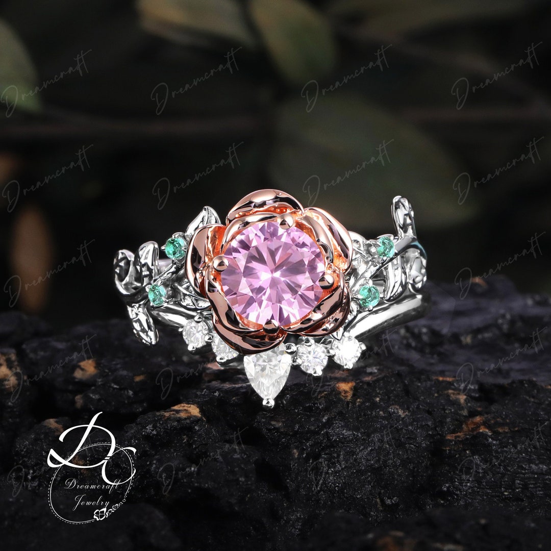 Vintage Pink Sapphire Engagement Ring Sets Unique Two Tone - Etsy