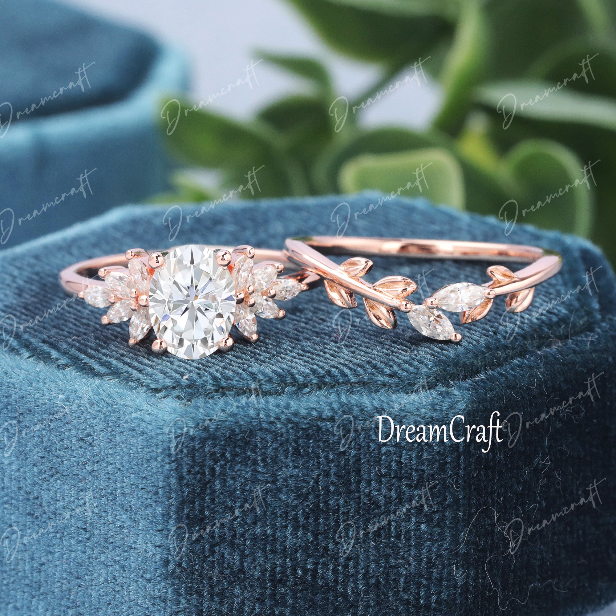 Oval Cut Moissanite Engagement Ring Set Vintage Rose Gold