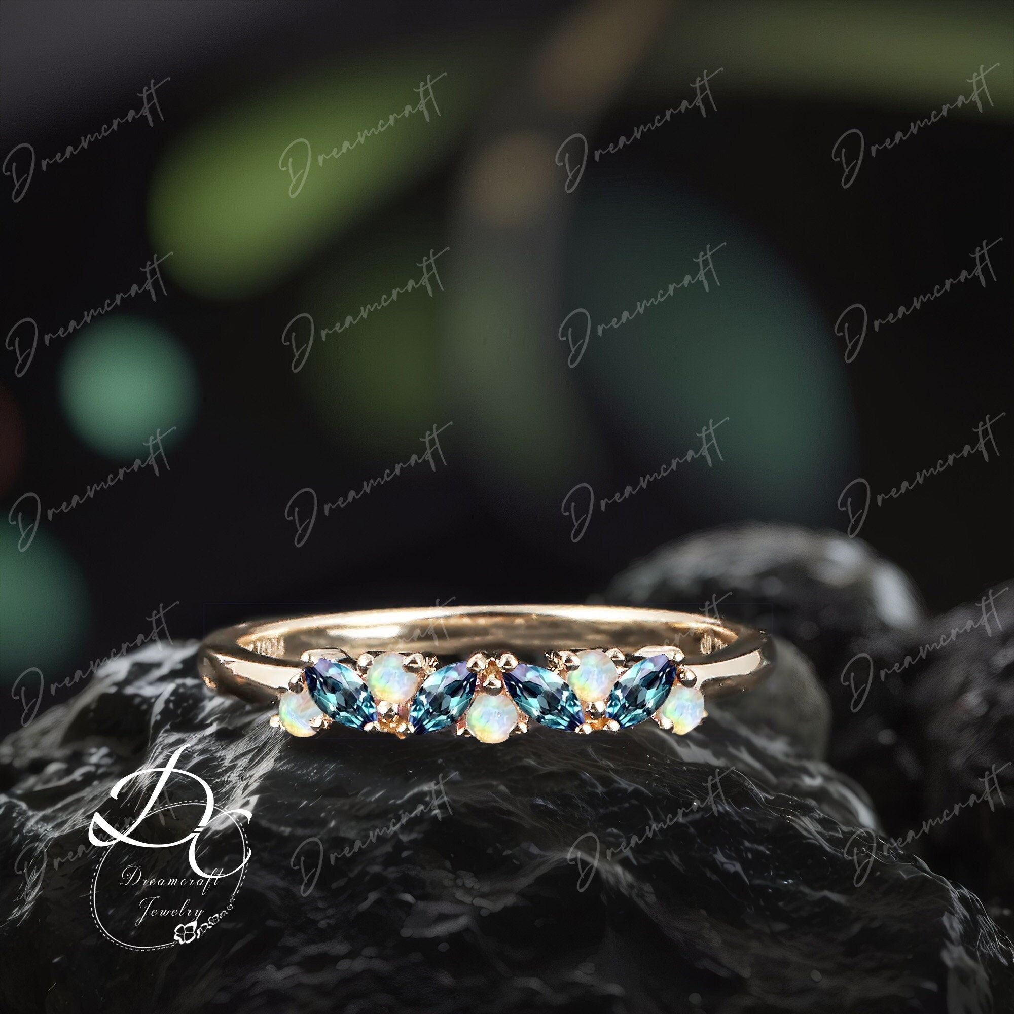 Vintage alexandrite opal wedding band yellow gold Marquise Cut gemstone  matching Stacking Delicate promise ring wedding ring Women gift