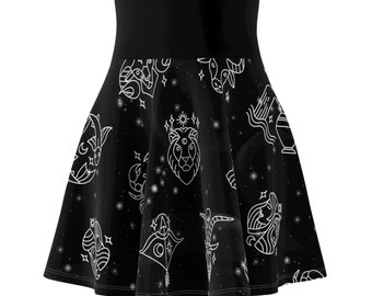 Zodiac Sign Gift, Black Skater Skirt, Zodiac Sign Skirt, Cute Skirt, Kawaii Skirt, Witchy Aesthetic Clothes, Goth Clothes, Kawaii Goth