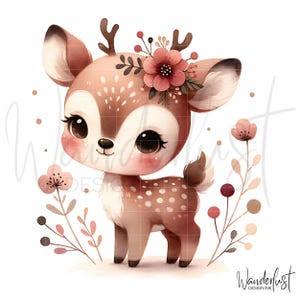Baby Woodland Animals Clipart, Cute Nursery Art Deer, Baby Deer Floral PNG Printable Clipart, Nursery Decor