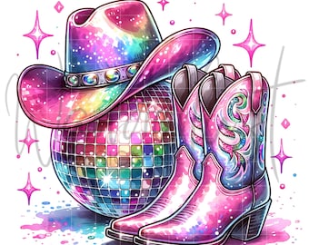 Disco Ball And Cowboy Boots Png, Cowgirl Party Png, Pink Western Party Night Png, Cowboy Boots Hat, Glitter Western Sublimation Design