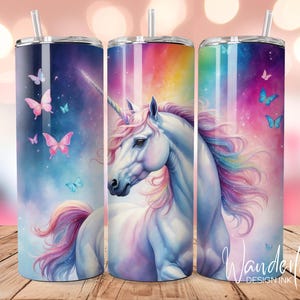 Eenhoorn beker wrap, 20oz mager sublimatie bekerontwerp, regenboog eenhoorn sublimatie ontwerp, aquarel vlinder beker, png-downloads