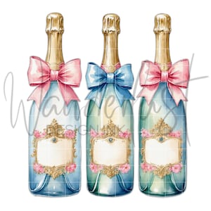 Watercolor Champagne Bottles with Coquette Bows | Social Club Watercolor Design | Preppy Design | Sublimation Design | Grandmillennial PNG