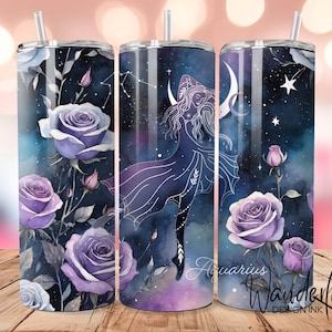 Aquarius Zodiac Tumbler Wrap Celestial Design, Astrology 20 oz Skinny Straight Tumbler Sublimation Design, PNG Digital Download, Seamless