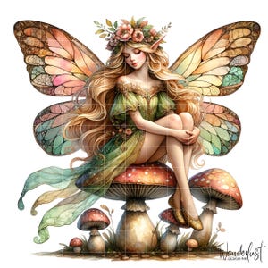 Spring Fairy Clipart, Whimsical Fairy Mushroom Art, Fairycore PNG, Junk Journal Art, Fairy Girl, Sublimation Design, PNG Digital Download