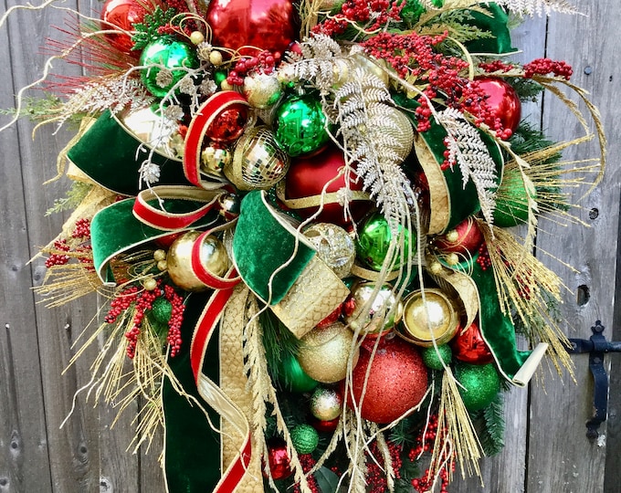 Red and Green Christmas Decor, Christmas Wreath for Front Door, Elegant ...