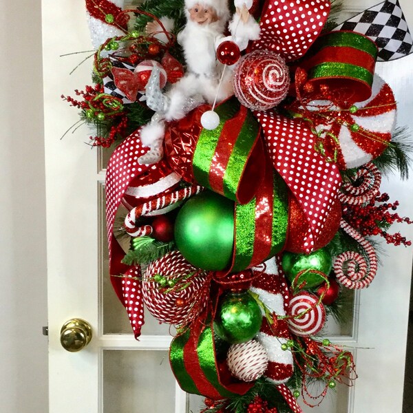 Candy Cane Wreath With Elf Etsy