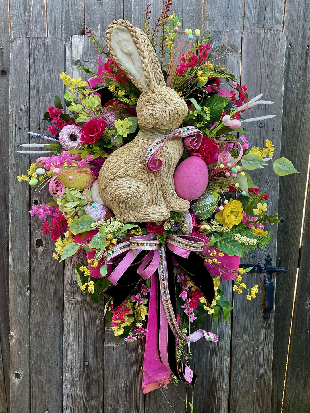 Easter Bunny Wreath, Spring Floral Door Decor, Designer Bow - Etsy