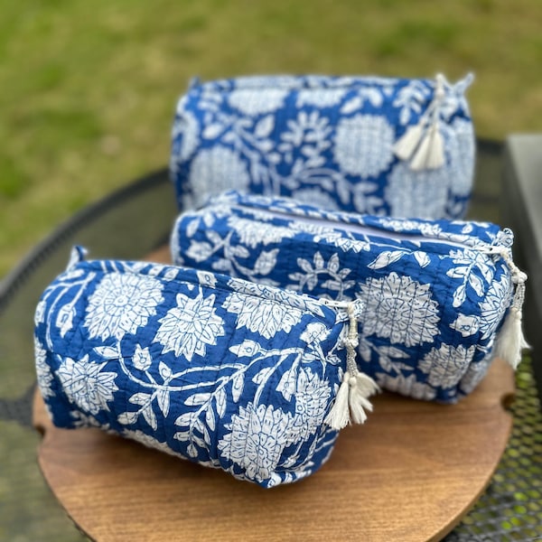 Set of 3 - Hand Block Print Cotton Toiletry Bags, Cosmetic Bags, Pouches, Value Set, Gifts For Her, Bride Gift, Bridesmaids Gifts, Travel