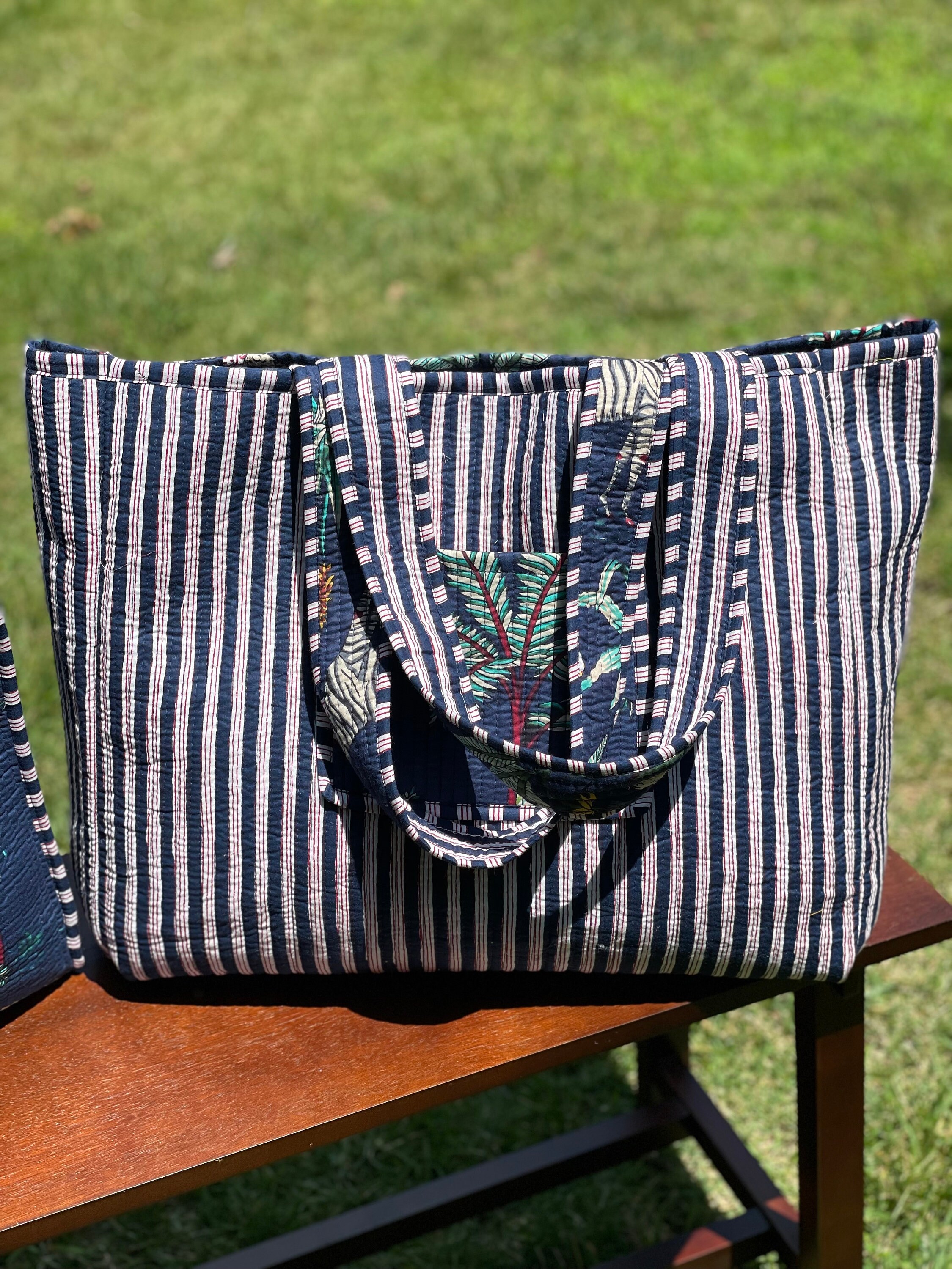 Black - Handcrafted Quilted Kalamkari Block Printed Fabric Tote Bag by Chhoti Si Asha 160