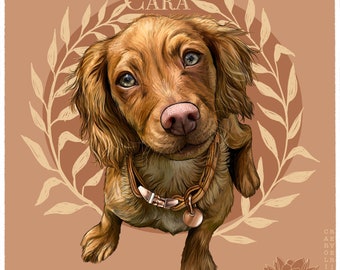 May include: A digital illustration of a golden-brown spaniel dog with long ears, wearing a tan leather collar with a round metal tag. The dog is centered within a circular frame featuring a leaf wreath and the name CARA written at the top.