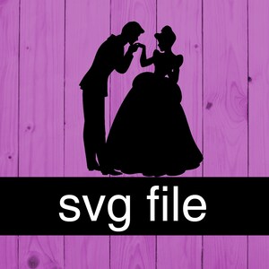 May include: Black silhouette of a couple dancing, the man is holding the woman's hand and bowing, the woman is wearing a ball gown, the text "svg file" is below the couple.