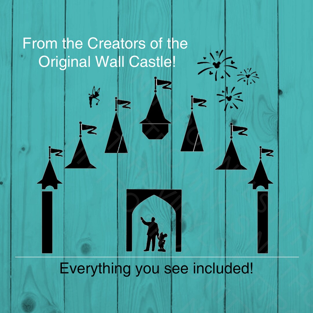 Disney Castle Wall Decal With Side Towers| Fireworks &amp; Tinkerbell ...