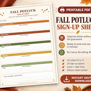 Può includere: Un foglio di iscrizione stampabile per un potluck autunnale. Il documento presenta sezioni per antipasti, piatti principali, contorni, insalate, dessert e bevande, con righe per nomi, pietanze e note dietetiche in colori autunnali.
