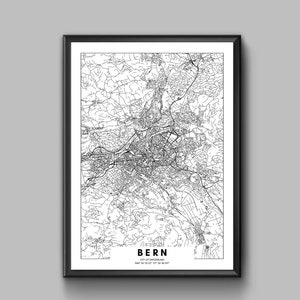 May include: Black and white line art map of Bern, Switzerland. The map shows the city's streets and landmarks. The text "BERN" is printed in the bottom right corner of the map, along with the words "City of Switzerland" and the coordinates "46.9480 7.4474 46.9480 7.4474".