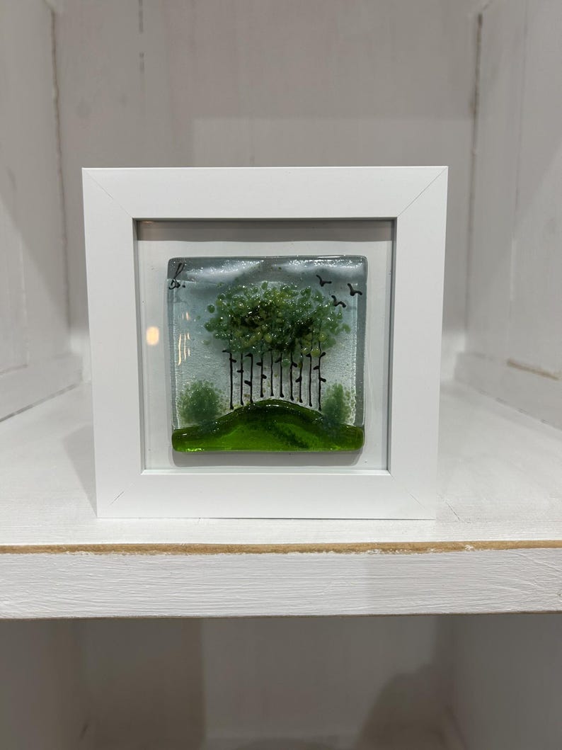 Fused Glass Framed Art, Cornwall Trees Scene, Mantel Decor image 3