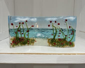 Fused glass Poppy Beach, beautiful fused glass art, gift for flower lovers, fused glass in Cornwall