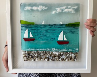 Fused glass sailing days, boat art, gift for boat lovers, framed art, fused glass in Cornwall