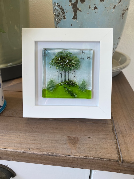 Fused Glass Framed Art, Cornwall Trees Scene, Mantel Decor