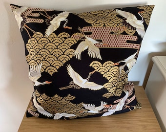 Housse de coussin oiseau grue métallique japonaise unie ou à rebords