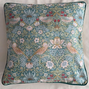 William Morris Strawberry Thief Cushion Covers - Green or Cream Piped Edge finish.