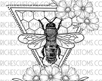 May include: A black and white line drawing of a bee inside a honeycomb with a triangular frame. The bee is in the center of the honeycomb and has detailed wings. The honeycomb is surrounded by three white flowers with stems and leaves.