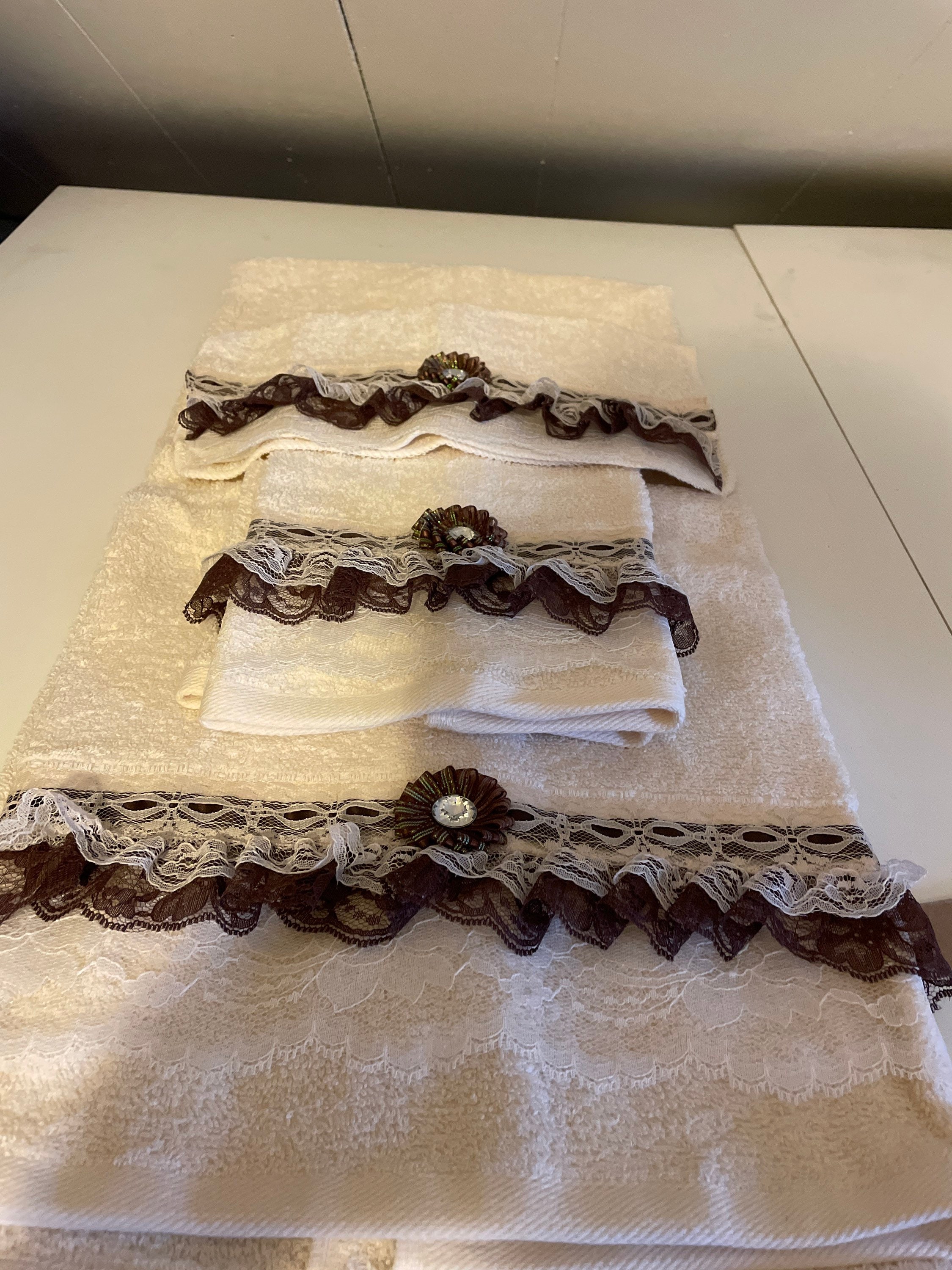 3pc Ivory and Brown Bath Towels Set Etsy