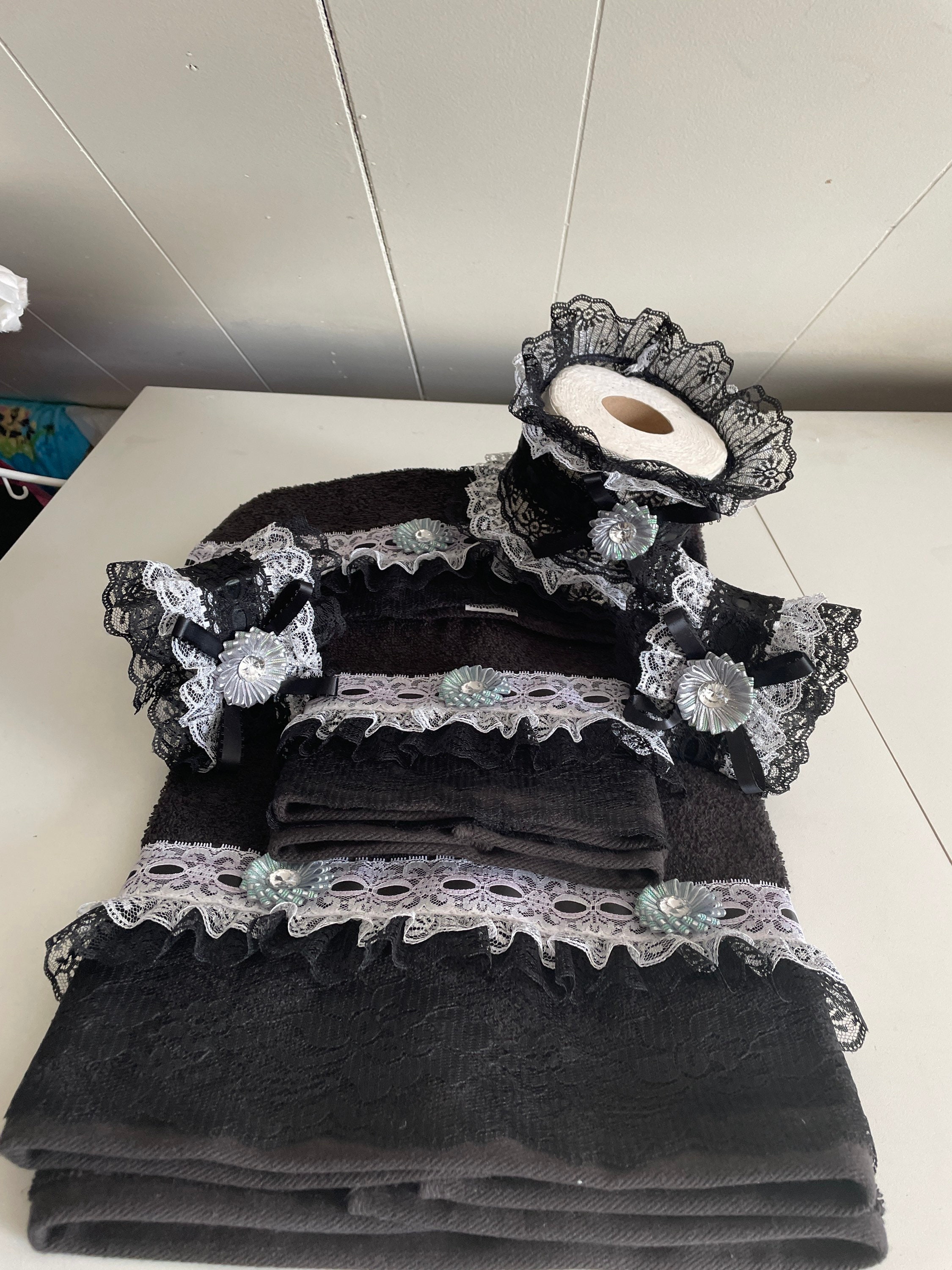 6pc black and silver bath towels and tissue holder and Etsy