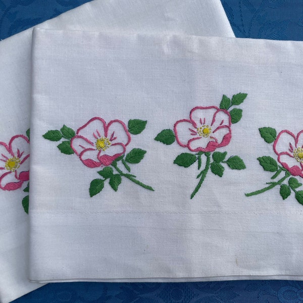 Vintage Horrockses Pillowcases, Pretty Embroidered Roses Pattern, Floral Design, 1950's New-Old Stock, Pair of Unused Pillowcases