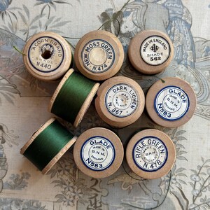 Antique Wooden Silk Spools, Button Hole Silk Twist, Mixed Greens, As-Found Condition