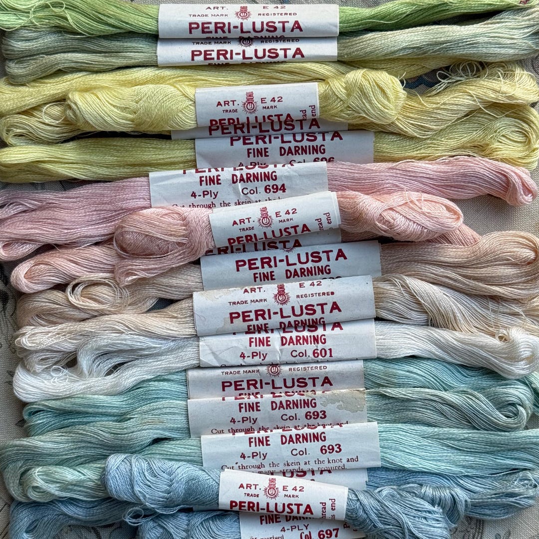 Vintage Peri Lusta, Fine Darning Thread, Eighteen Skeins, Pastel Shades ...