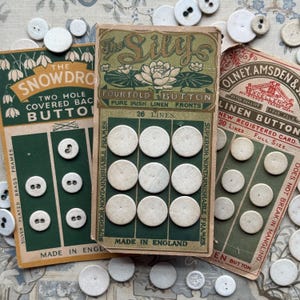 May include: Three vintage cardboard display cards featuring white fabric-covered buttons. The centre card is labelled The Lily Four Fold Button, while the others are labelled The Snowdrop and Olney Amsden & Co. Each card displays rows of buttons.