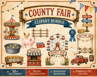 County Fair Clipart Bundle, Carnival Clipart, Fair PNG Bundle, Ferris Wheel, Petting Zoo, Farm Graphics, Vintage Carnival, Commercial Use