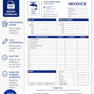 May include: A blue and white plumbing invoice template featuring sections for company information, bill to and service address details, a services performed table, payment methods, and signature lines. The document includes text labels for invoice number, date, and totals.