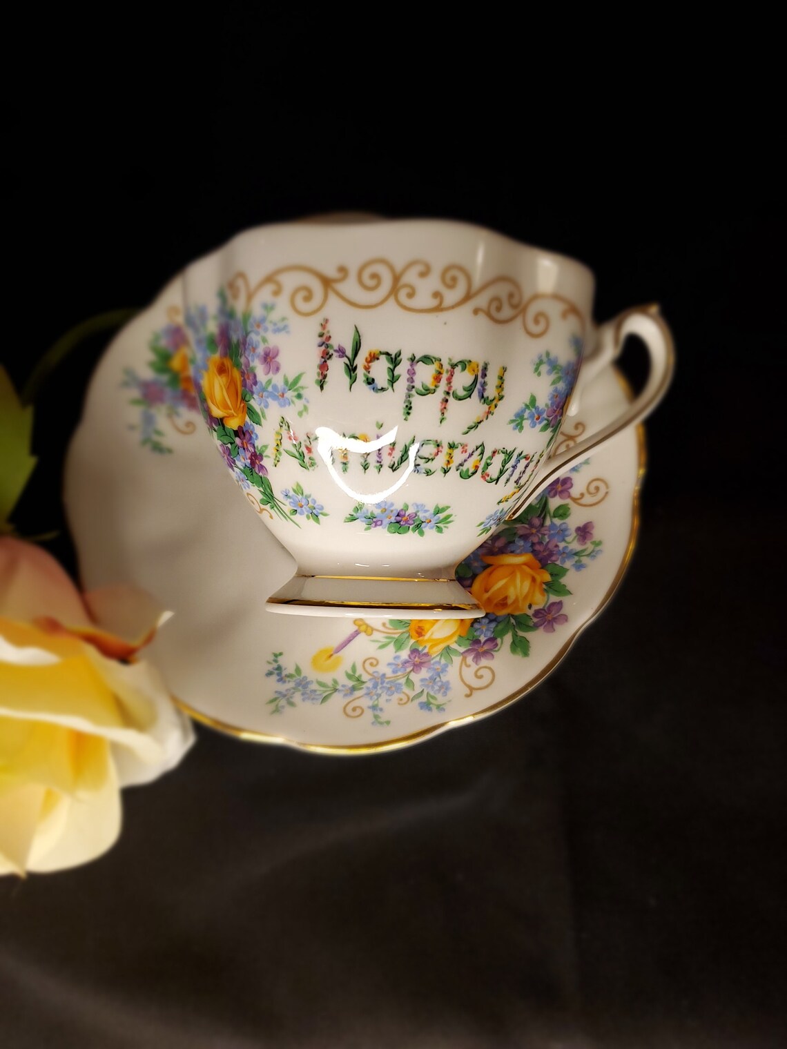 Vintage Happy Anniversary Teacup With Saucer Etsy New Zealand