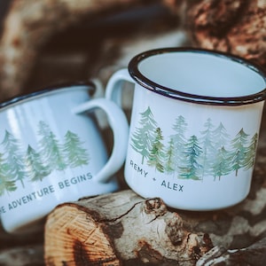 Christmas Camp Mug Name stocking stuffer Personalized Gift, Custom Fall Winter Rustic Vintage mugs Forest coffee cup unique pine trees 11 oz