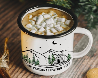 Personalized Gift Mug, Holiday Cabin Vacation Unique Steel Camping Cup, Rustic Mountain lodge A frame Winter vacation Campfire Forest 11oz