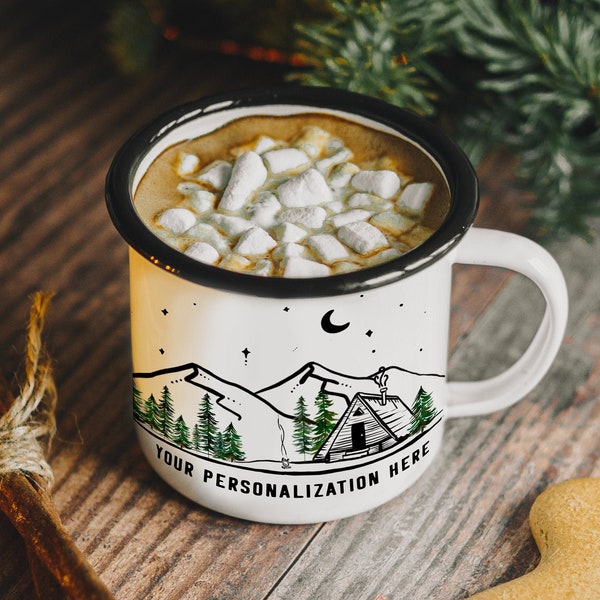 Personalized Gift Mug, Holiday Cabin Vacation Unique Steel Camping Cup, Rustic Mountain lodge A frame Winter vacation Campfire Forest 11oz